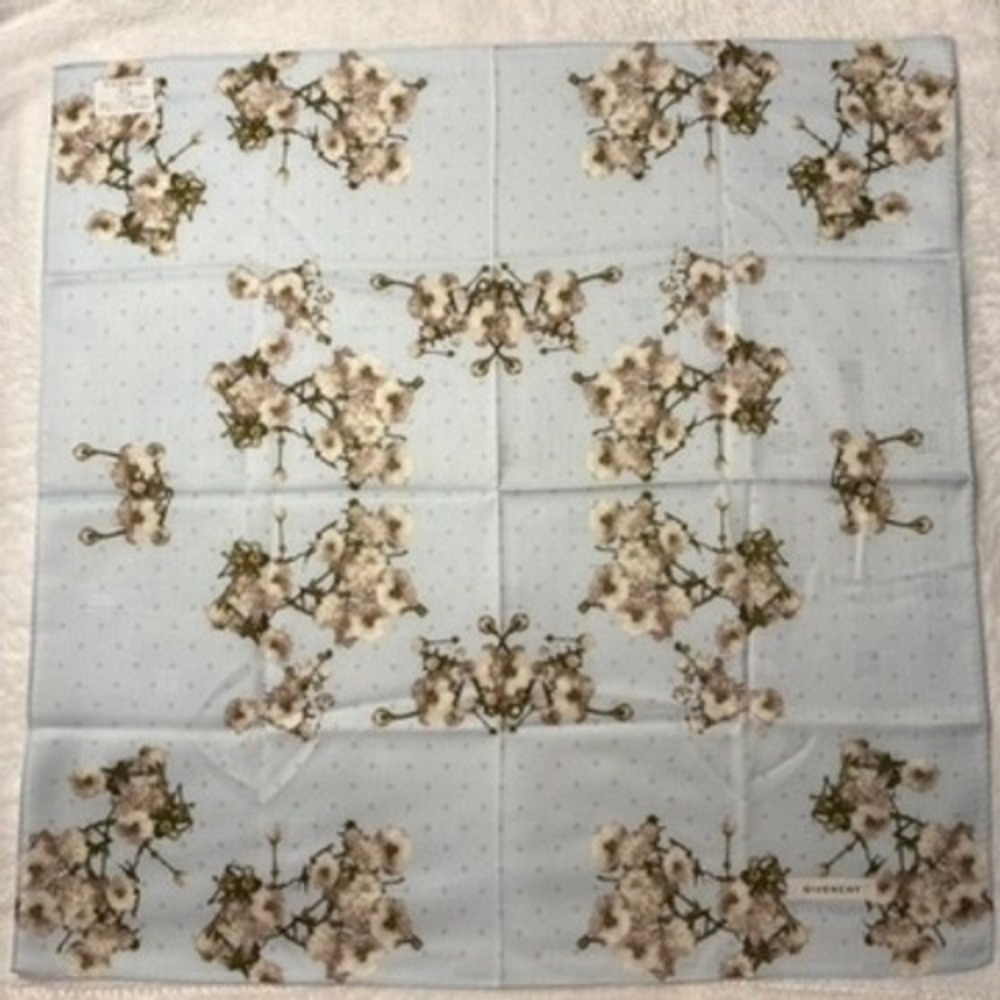 Vtg GIVENCHY Scarf Handkerchief Floral Cotton Light Blue 19.5"